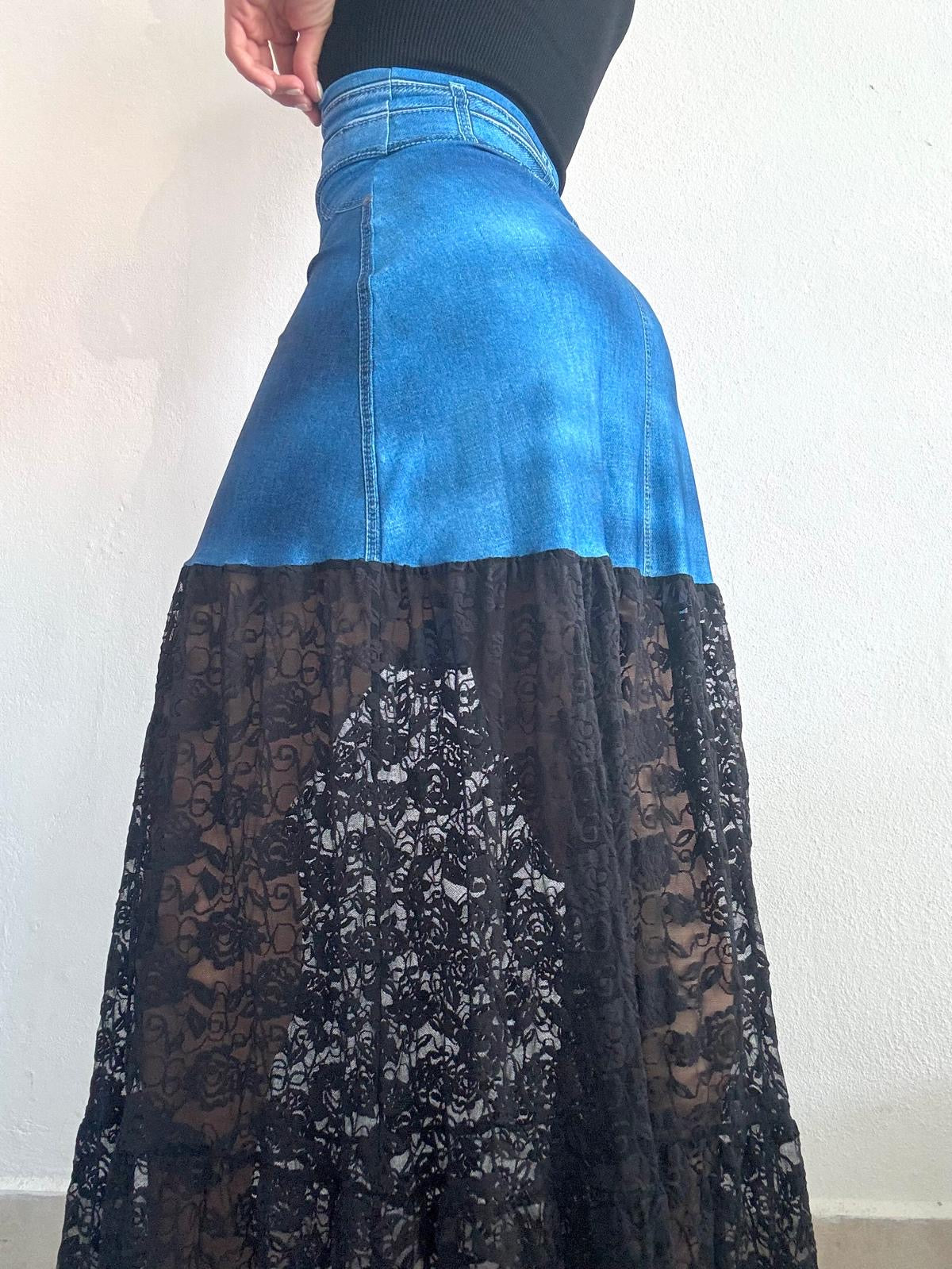 Denim & Black Lace Maxi Skirt