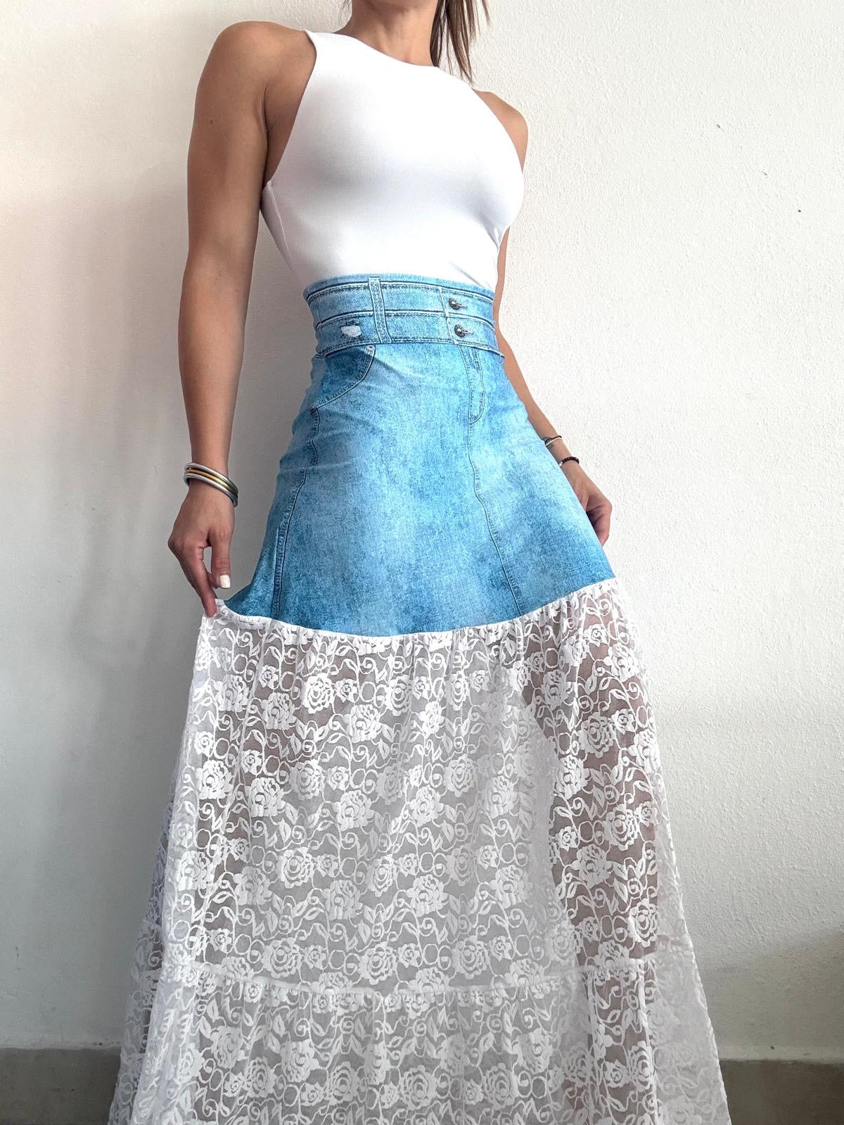 Denim & White Lace Maxi Skirt