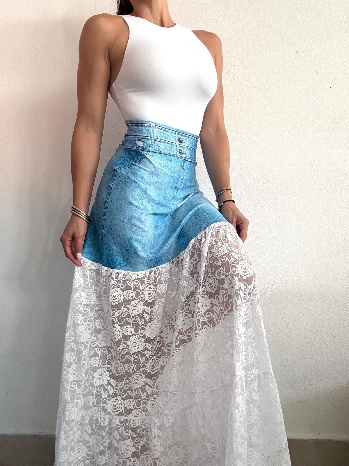 Denim & White Lace Maxi Skirt