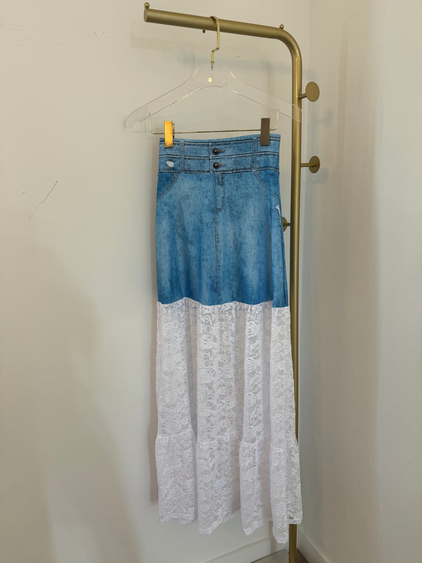 Denim & White Lace Maxi Skirt