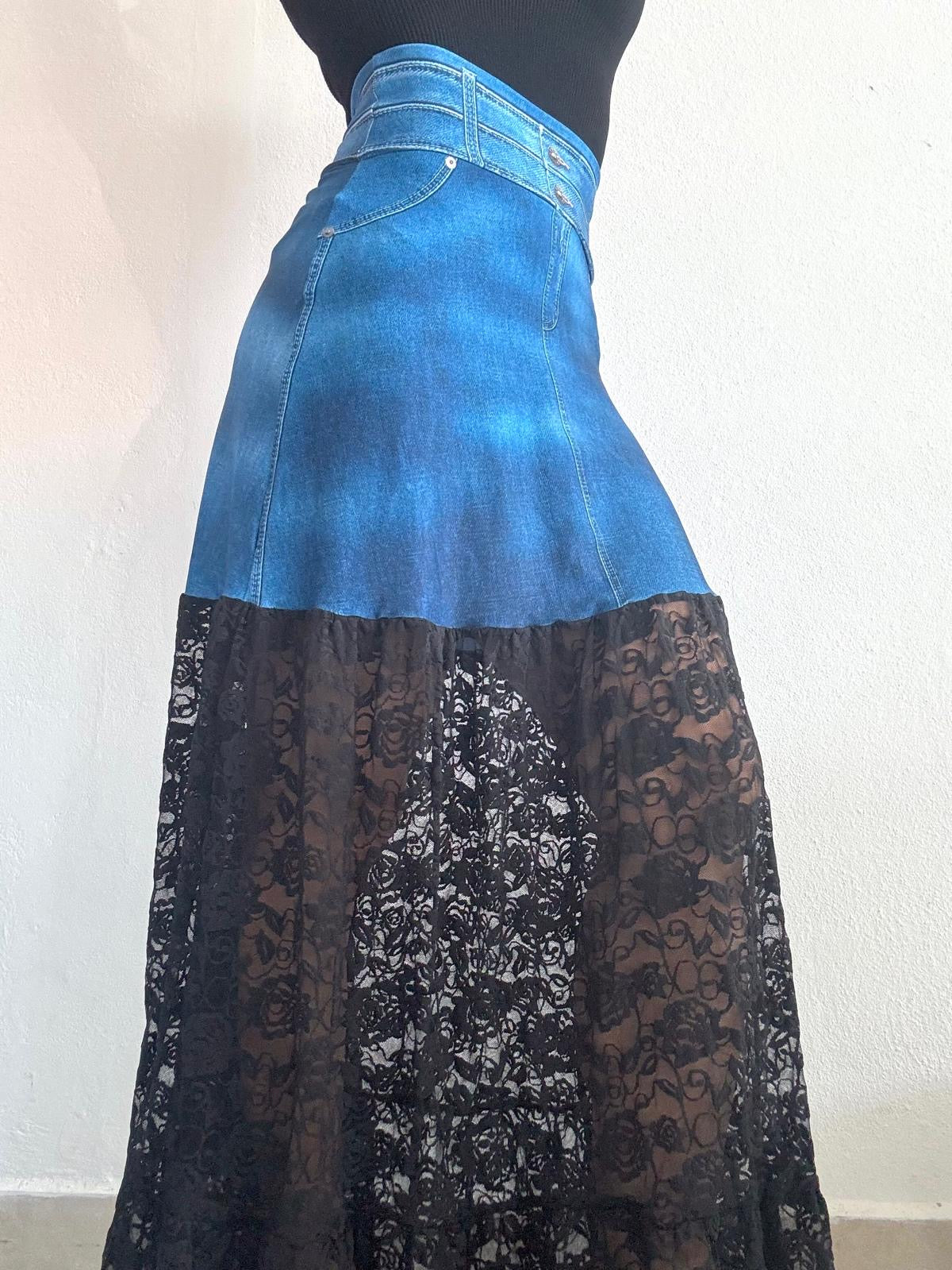 Denim & Black Lace Maxi Skirt