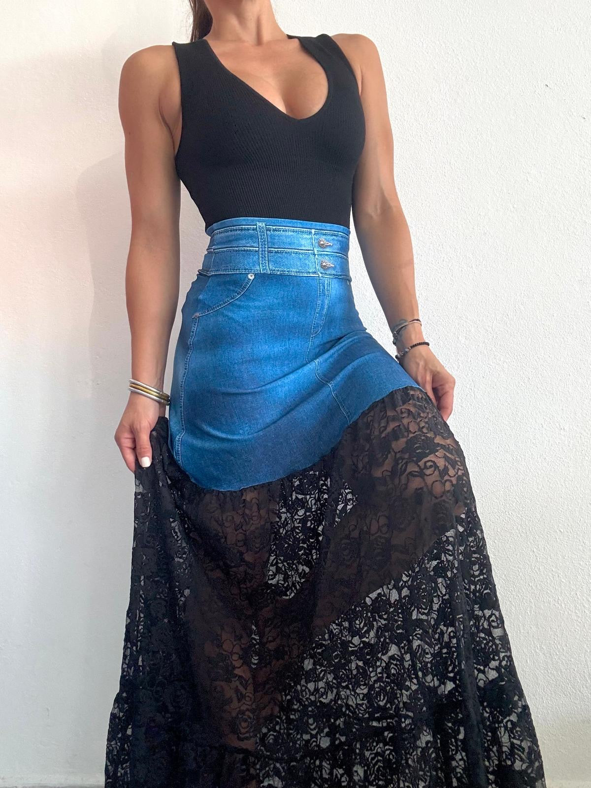 Denim & Black Lace Maxi Skirt