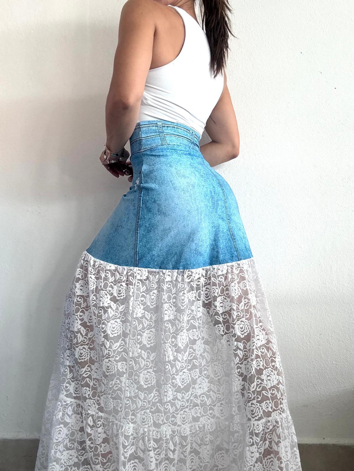 Denim & White Lace Maxi Skirt