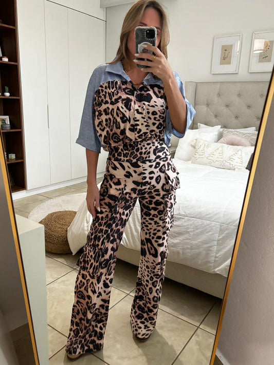 Leopard Denim Cargo Set