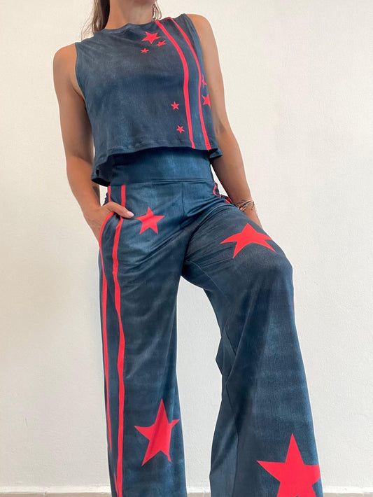 Red Stars Denim Top