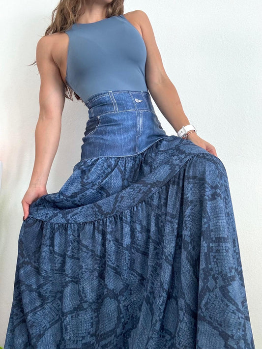 Denim Blue Snake Maxi Skirt