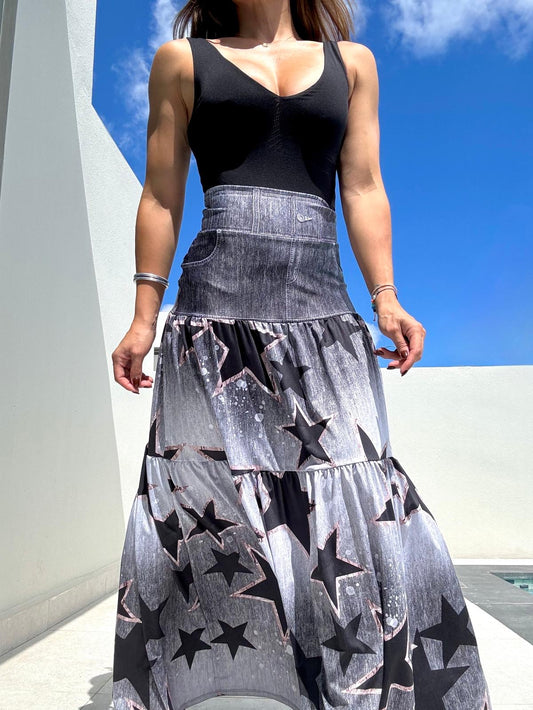 Denim & Black Stars Maxi Skirt