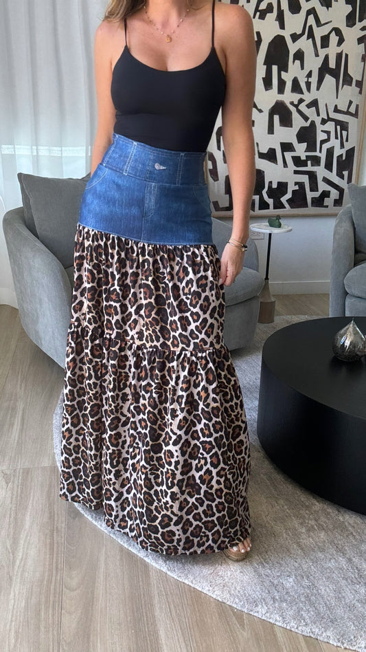 Leopard Denim Maxi Skirt