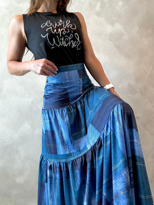 Denim Patches Maxi Skirt