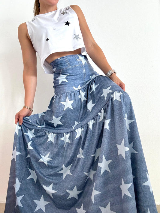 Blue Denim Stars Maxi Skirt